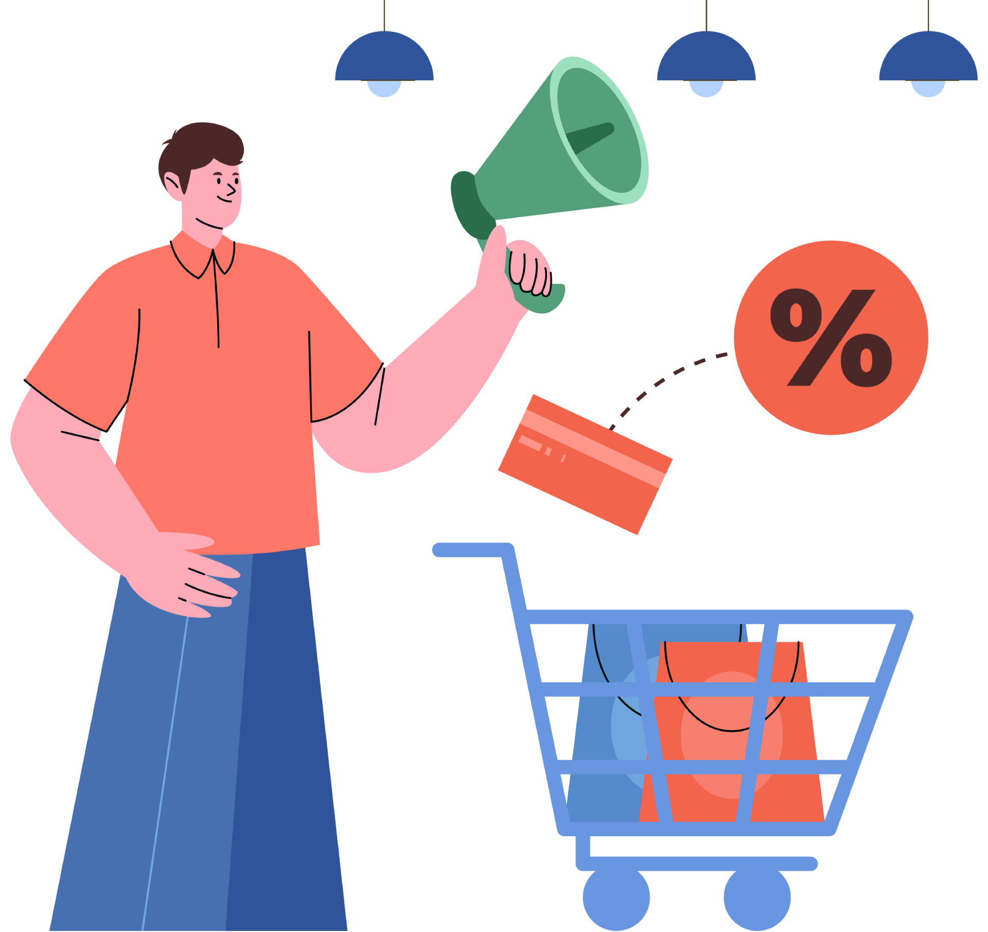 Illustration of a loyal customer holding a shopping bag with a heart symbol, representing trust and repeat business.